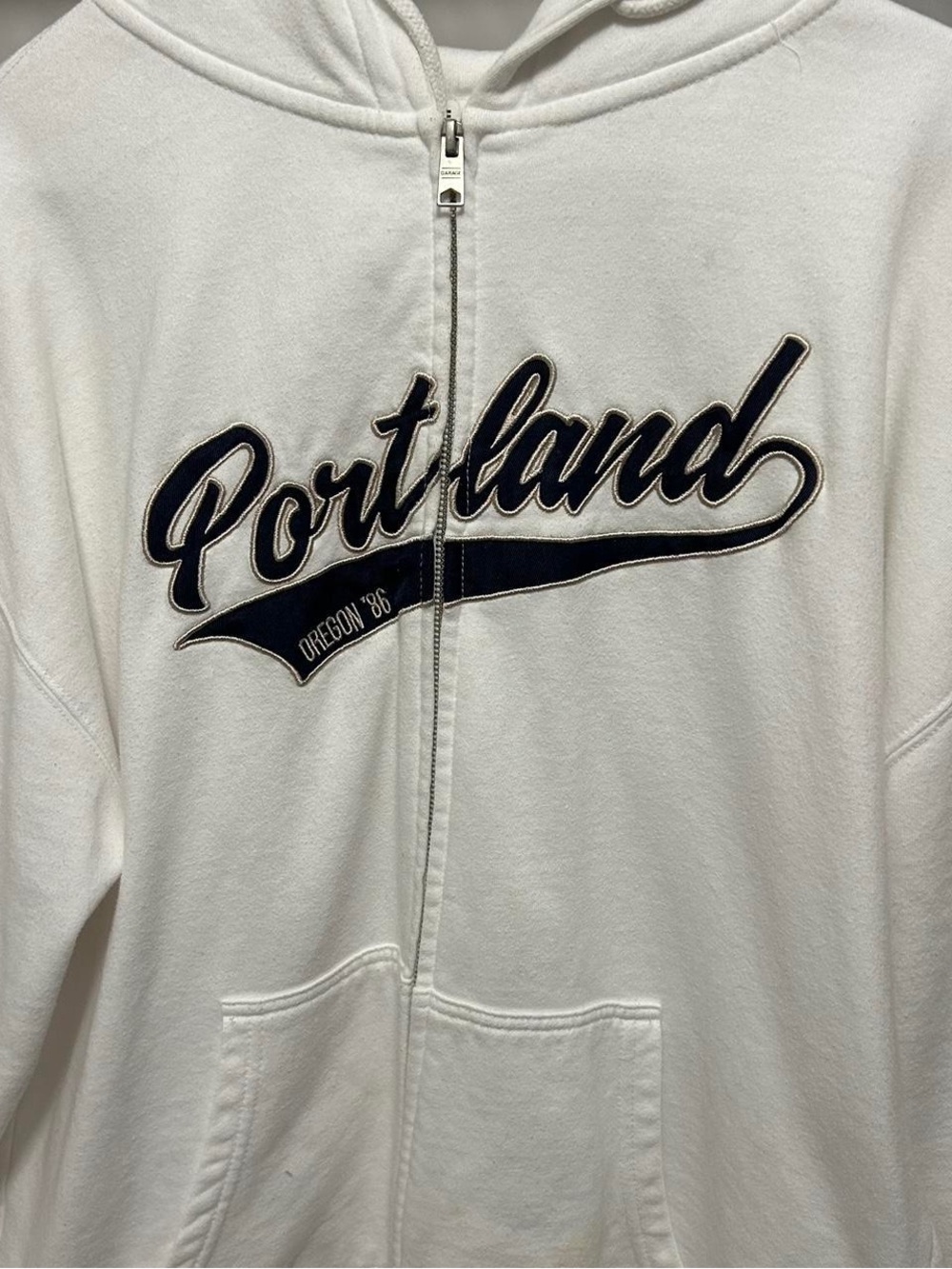 White 'Portland' Script Zip Hoodie Garage Hoodie